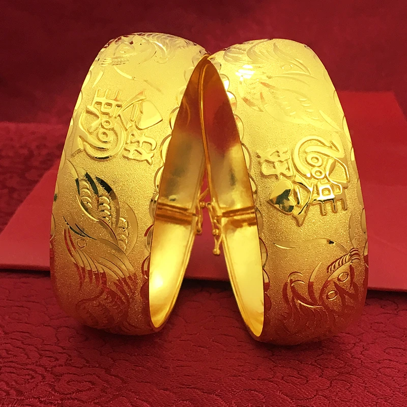 铜合金手镯 20mm薄款波边百年好合龙凤手镯结婚金镯子假五金饰品