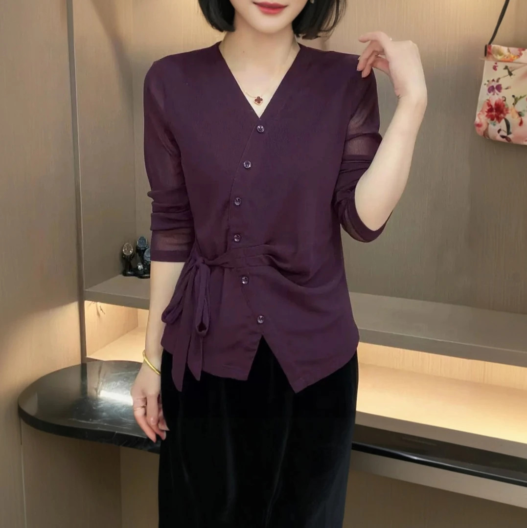 秋季上衣纯色弹力网纱小衫时尚显瘦系带长袖纽扣洋气妈妈装打底衫