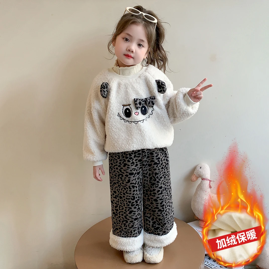 女童卡通豹纹卫衣套装秋冬装新款儿童加厚女宝宝洋气休闲两件套潮