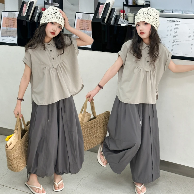女童夏季韩版休闲套装2025新款中大童时髦洋气衬衫阔腿裤两件套潮