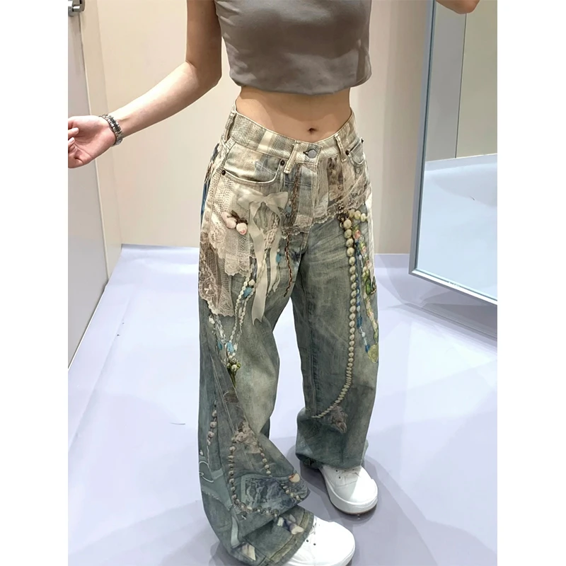 AC风格蕾丝珍珠链条3D数码打印1981直筒牛仔裤男女百搭宽松阔腿裤