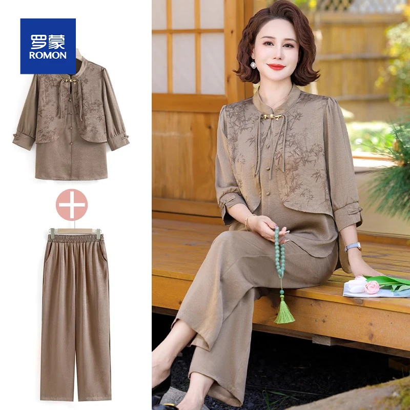 罗蒙妈妈夏装新中式套装洋气中老年人女装国风上衣时尚小衫两件套