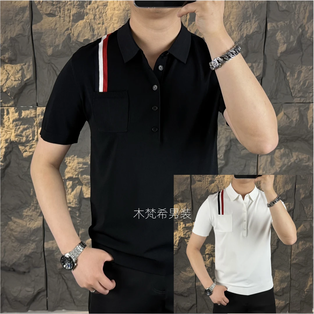 男士夏季新款翻领修身时尚百搭高弹力伊力特针织短袖T恤欧若风