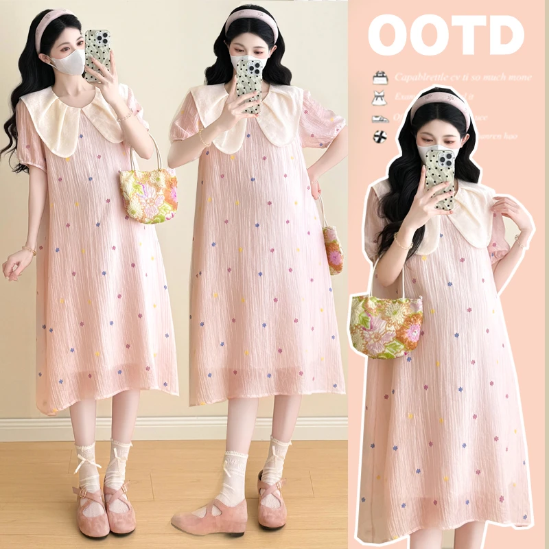 2025夏季清新减龄甜美中长款遮肉显瘦气质假两件娃娃领孕妇连衣裙