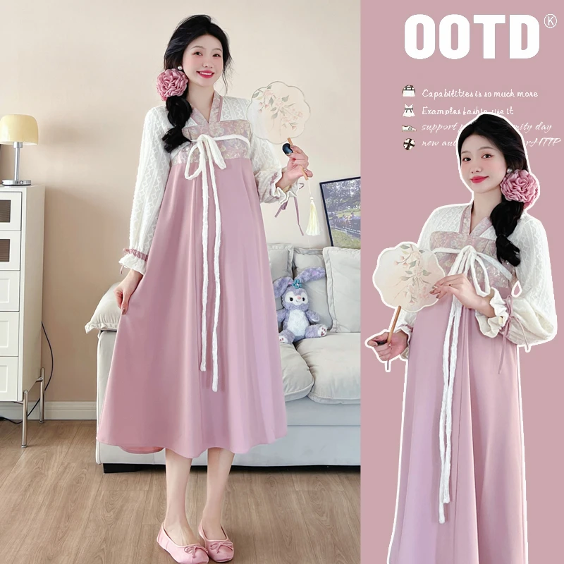 孕妇春秋气质中国风v领拼接温柔古风连衣裙汉元素复古长袖裙子女