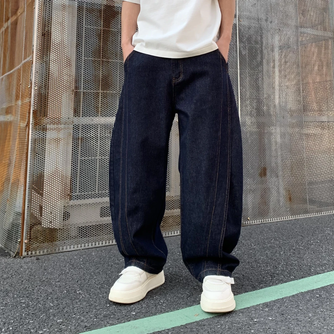 深蓝色弯刀牛仔裤男秋冬直筒宽松香蕉裤美式复古vibe高街阔腿裤子