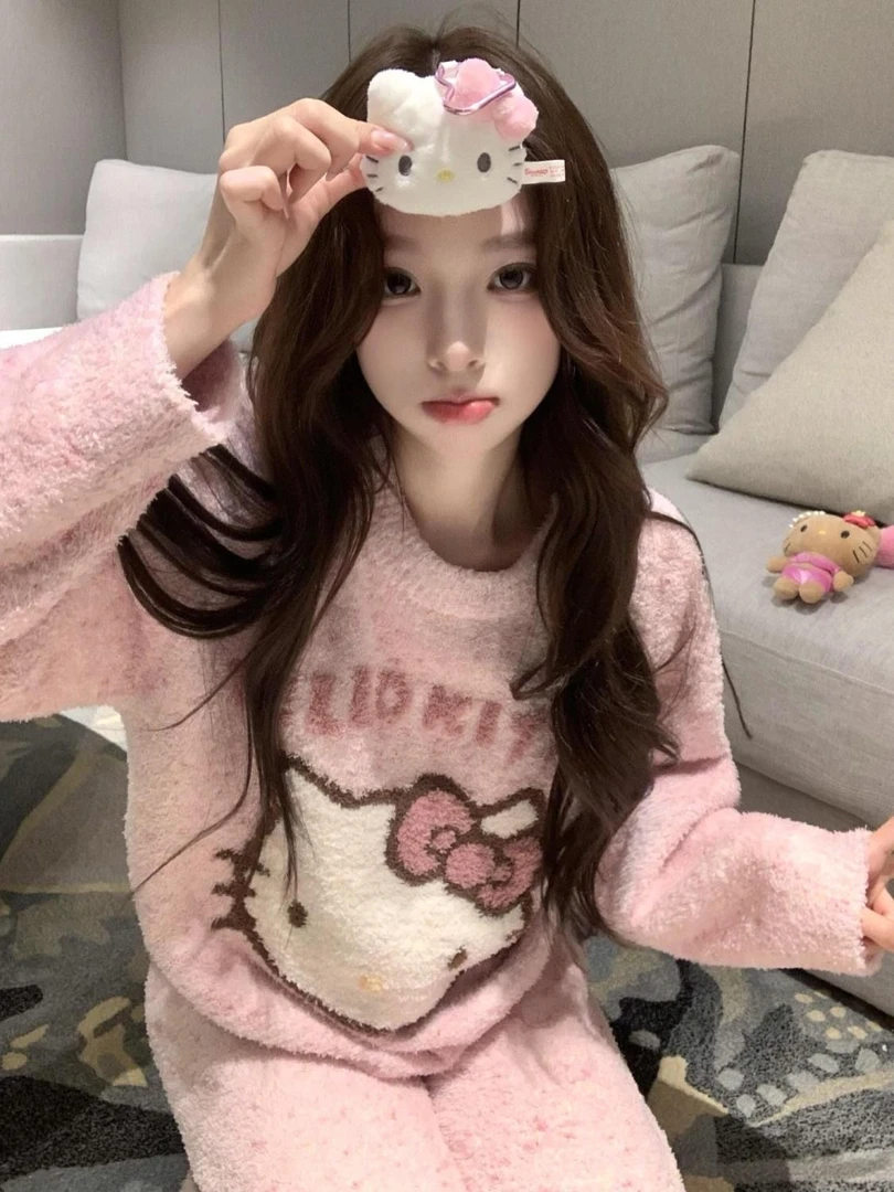 甜美kitty卡通半边绒睡衣女冬季加绒加厚保暖外穿宽松少女家居服
