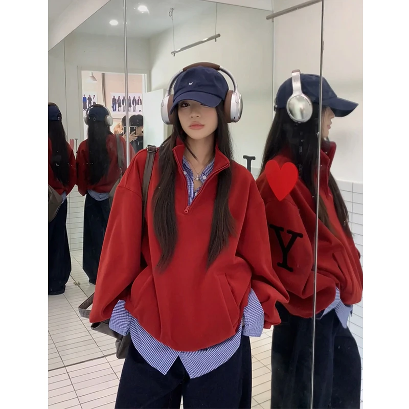 【珂塔芙】新年红色半拉链翻领卫衣女宽松oversize慵懒风休闲上衣服