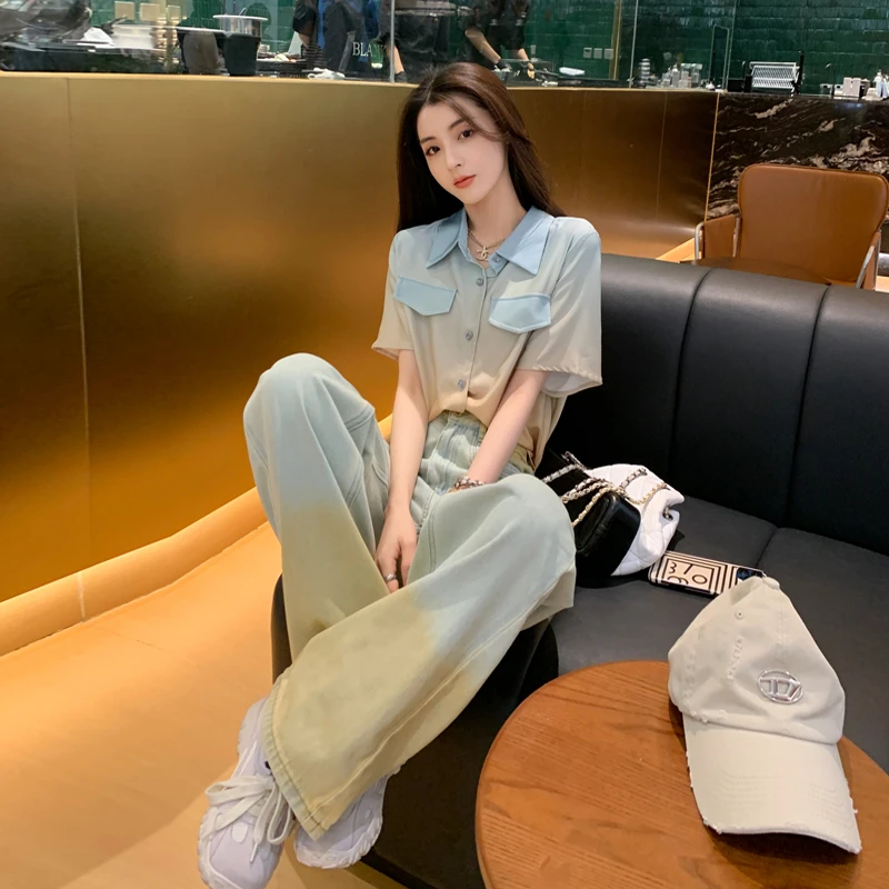 网红洋气炸街时尚套装女夏季显瘦减龄渐变短袖衬衫牛仔裤子两件套