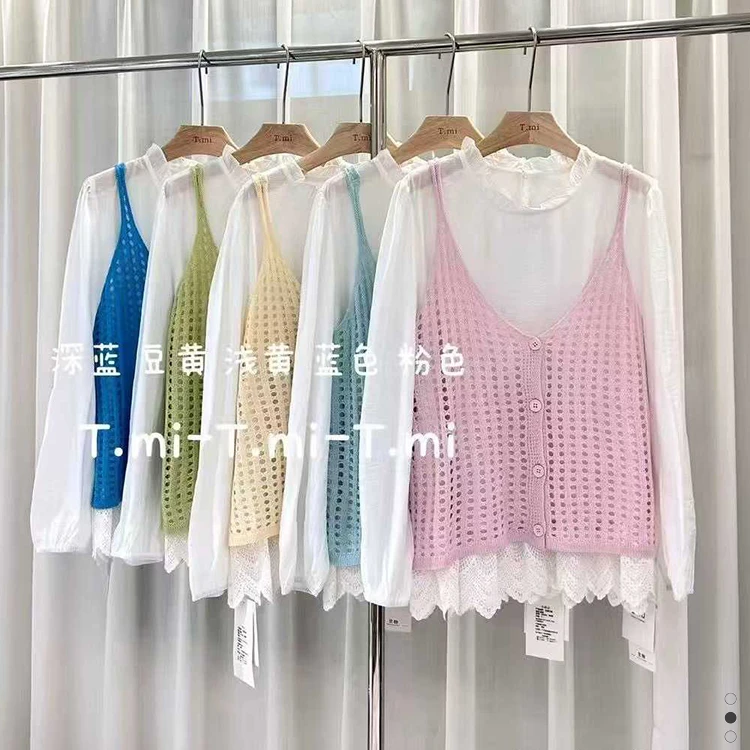 Tmi x200大码圆领镂空针织吊带衬衫上衣显瘦叠穿休闲百搭两件套