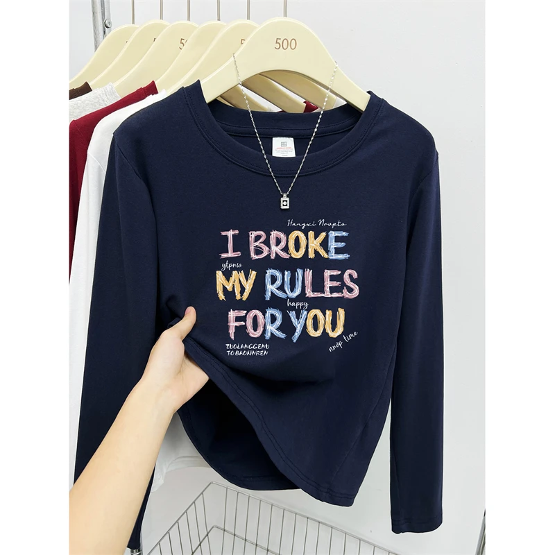 正肩胖mm大码长袖t恤女秋季新款韩版时尚字母印花圆领打底衫上衣