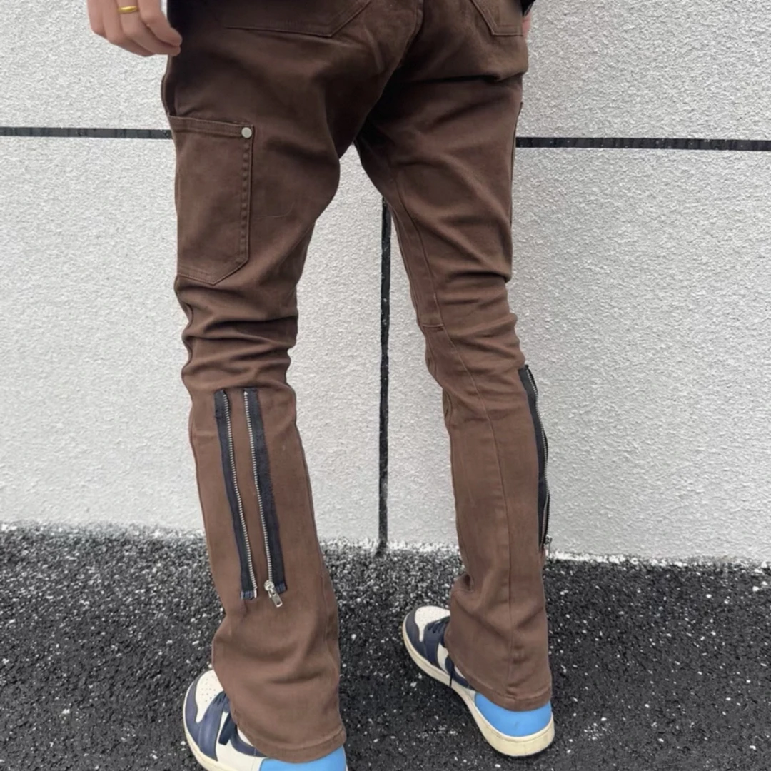 话家Vujade微喇叭伐木后拉链工装长裤vibe黑棕色kenijima同款男女