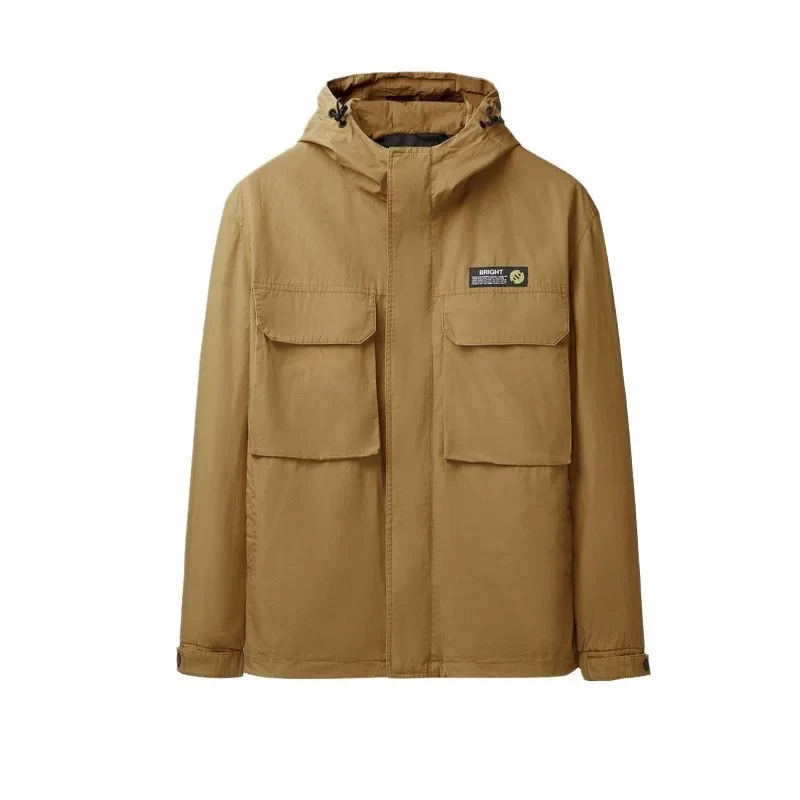 剪标男士亲肤纯色工装风抽绳连帽大口袋胸线织标外套