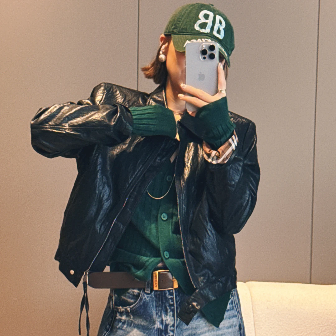 张小萱-欧货新款格里撞色翻领皮衣夹克外套