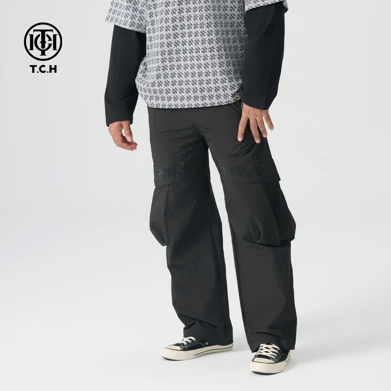 轻奢/T.C.H2024春季新款时尚百搭烫钻拼接黑色长裤T72A206015