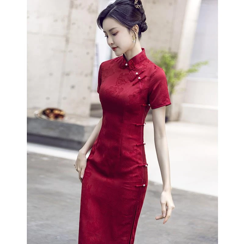 妈妈穿的旗袍女夏高级感高端结婚喜婆婆婚宴礼服红色修身婚礼喜服