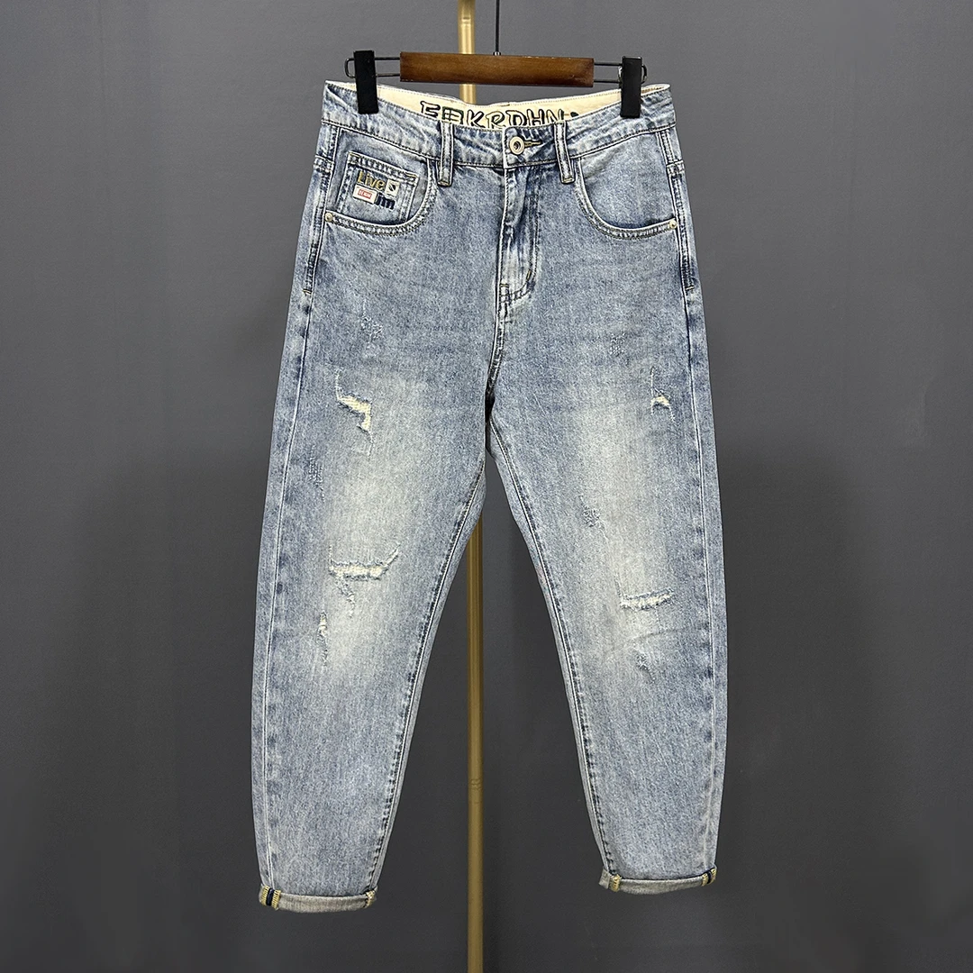 2025新款九分牛仔裤男破洞补丁小宽松微锥硬汉气质休闲裤春夏薄款