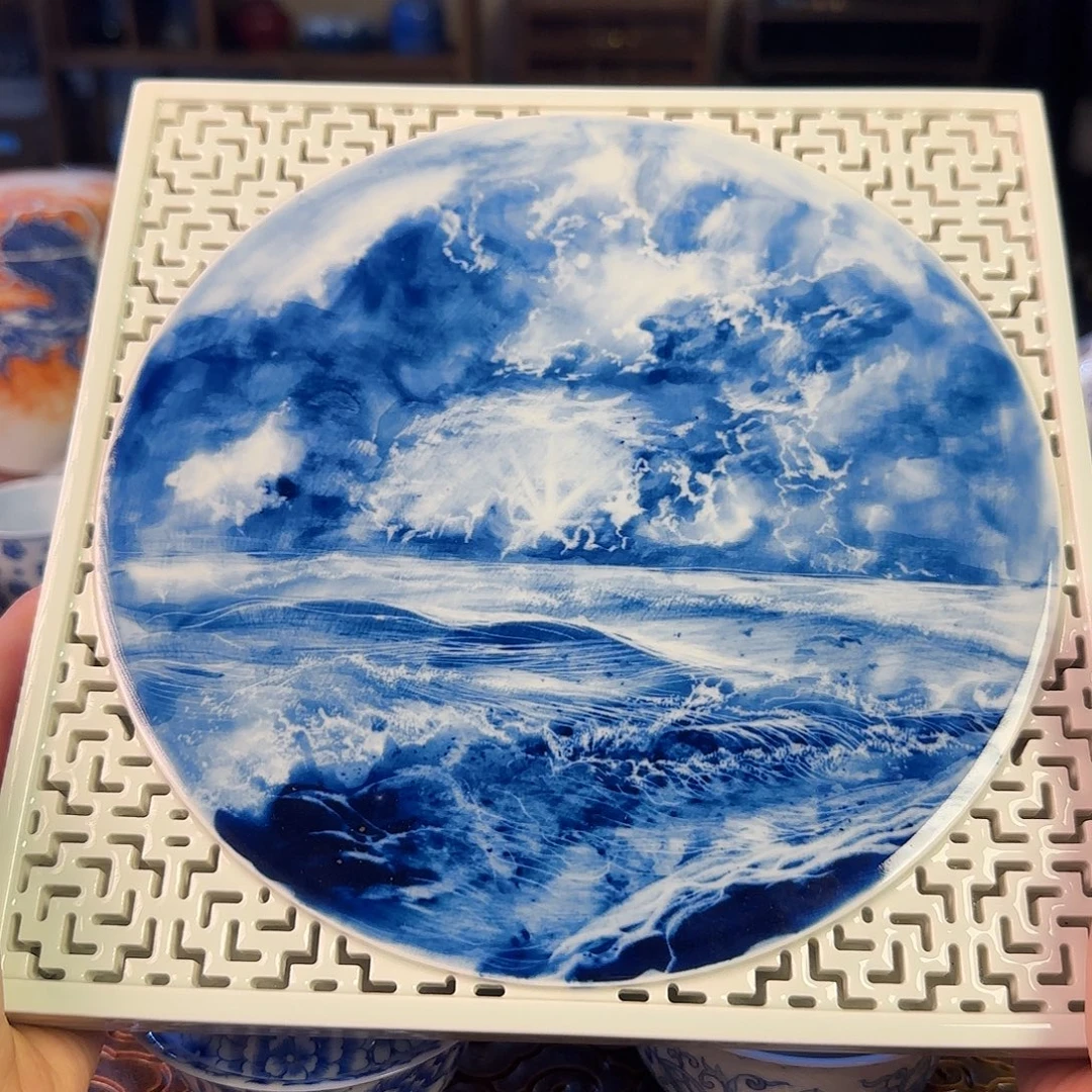 名窑口海水双层茶盘手绘