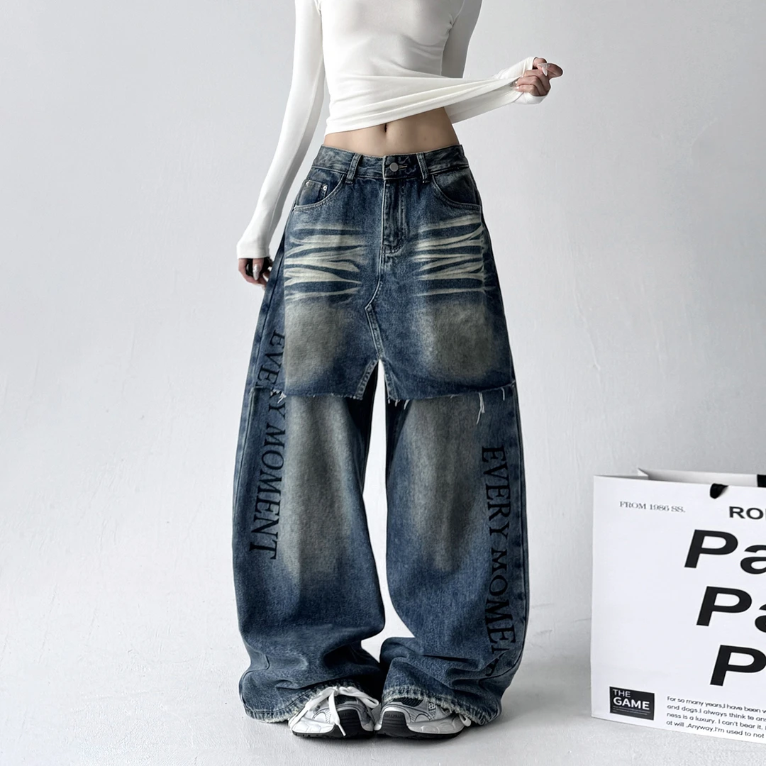 假两件扎染字母印花撞色设计感折痕阔腿牛仔裤女秋季新品潮款时尚