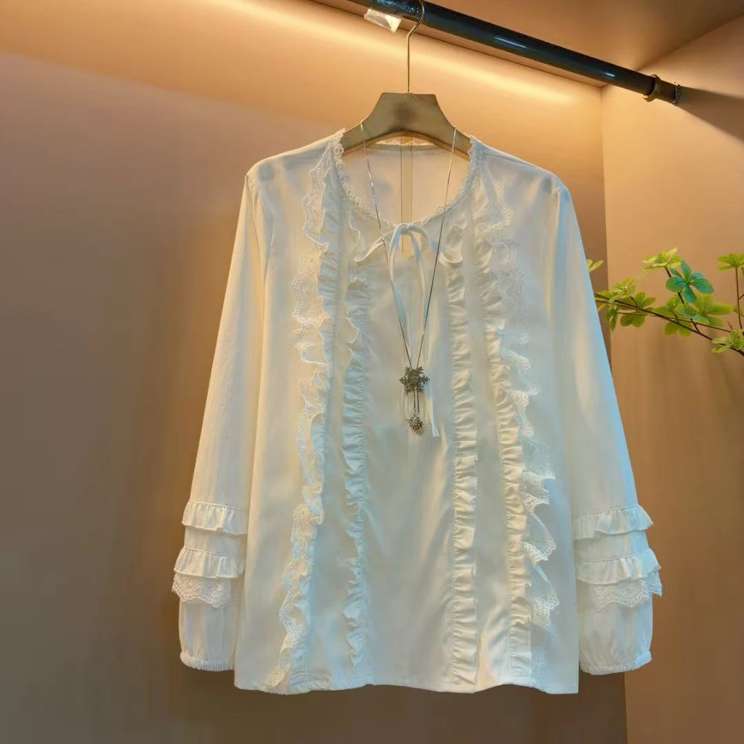 法式韩版木耳边灯笼袖宽松减龄设计感百搭衬衫上衣（衣长66左右）