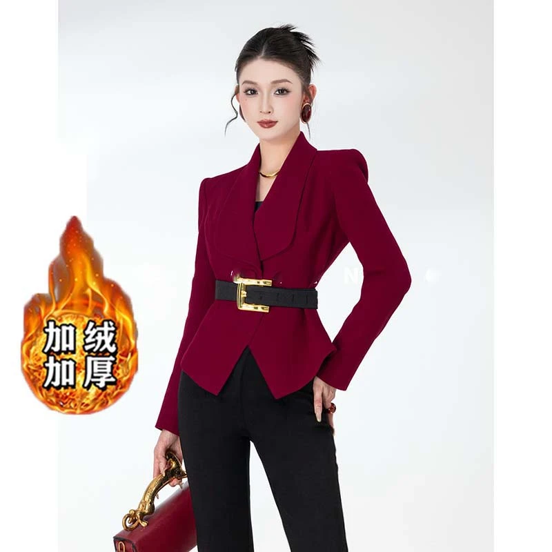 【沐紫】【加绒加厚】【两件套】【含腰带】显瘦设计感外套裤套装DM0216