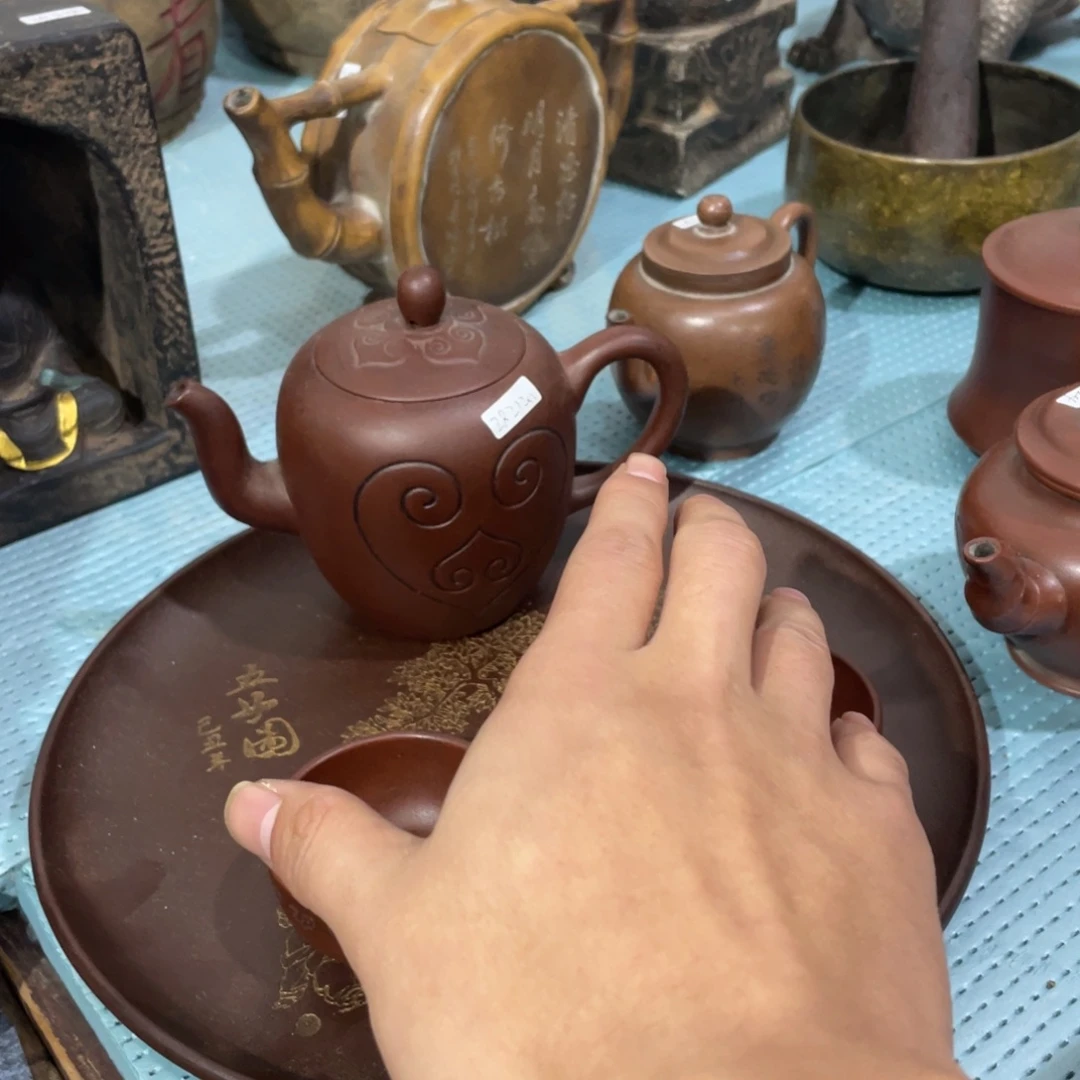 天***花紫砂一套 壶杯子 茶盘