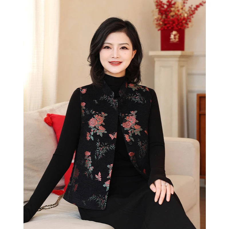 枫竺阿楠anan 云意花语 立领新中式国风牡丹提花马夹女秋冬可外穿