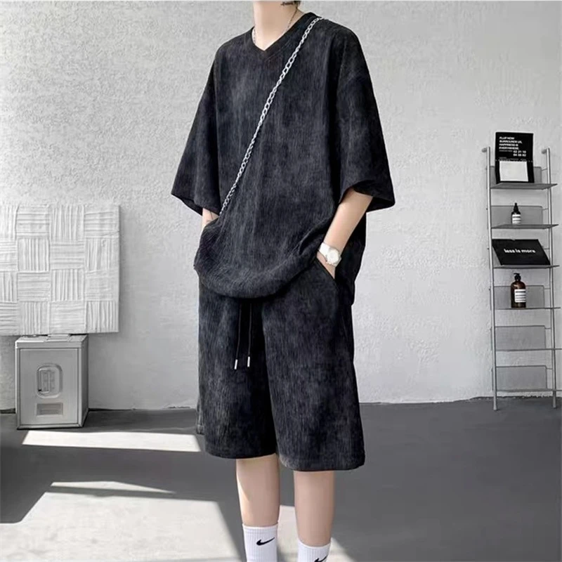 扎染休闲运动短袖套装男夏季薄款宽松大码百搭帅气t恤短裤两件套