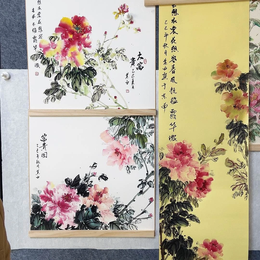 四尺对开条屏作品牡丹