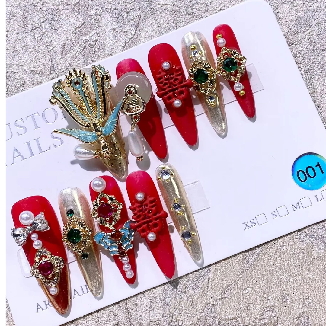 中式轻奢穿戴美甲纯手工婚甲高级国风甲