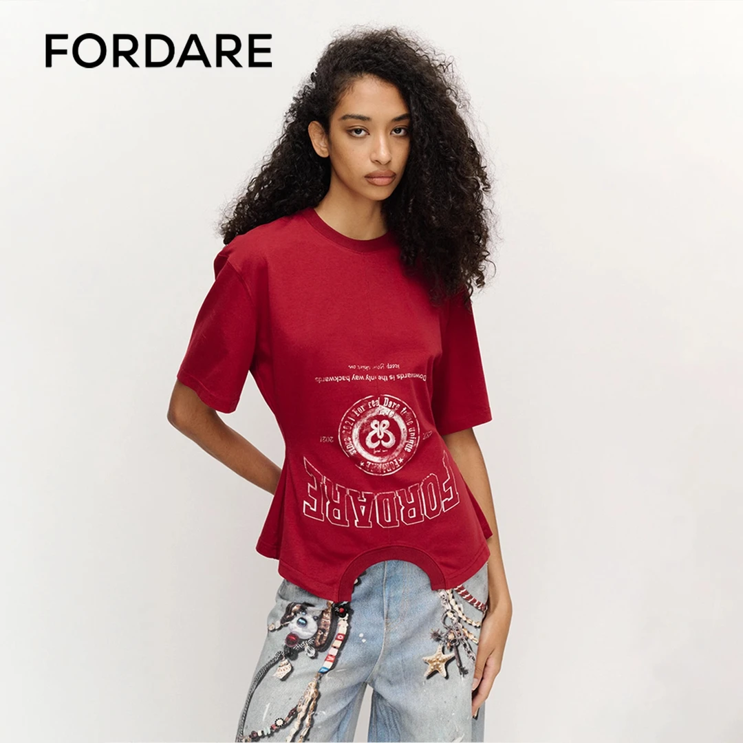 FORDARE福蝶女款解构倒置美式复古T恤