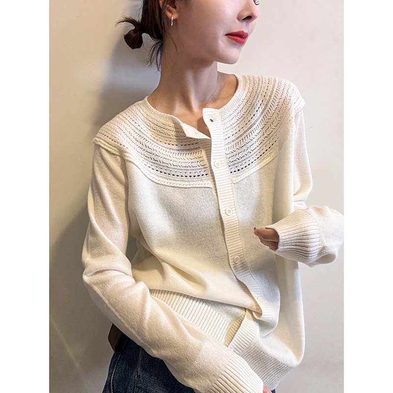 大码镂空钩花针织开衫女冬季新款胖妹妹宽松显瘦时尚洋气百搭上衣