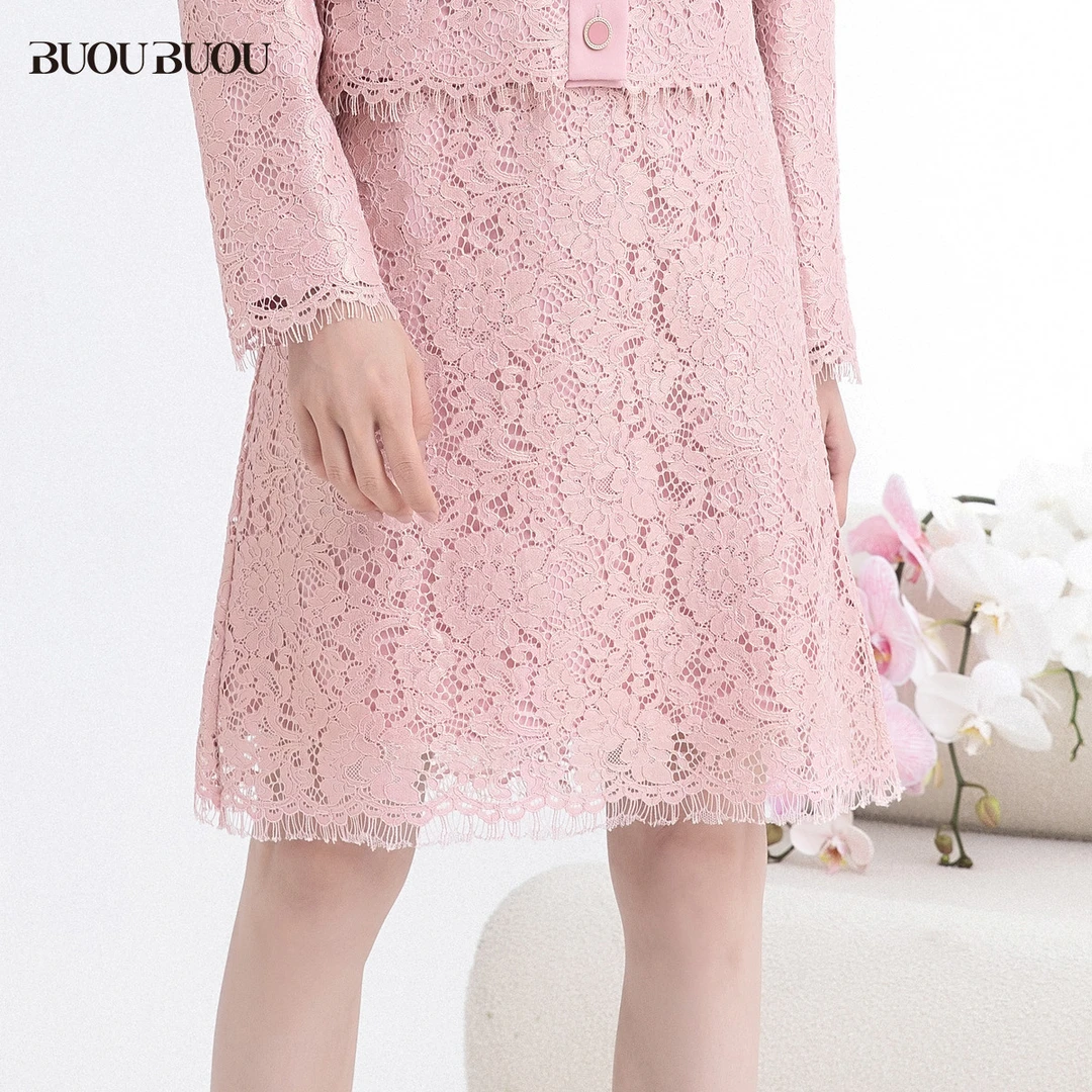 【粉丝专享】BuouBuou早秋新款法式优雅镶金蕾丝A字半身裙女BJ4B212