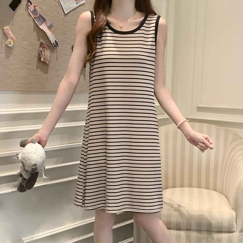 莫代尔睡裙女夏季新款甜美可爱条纹无袖背心连衣裙休闲宽松家居服