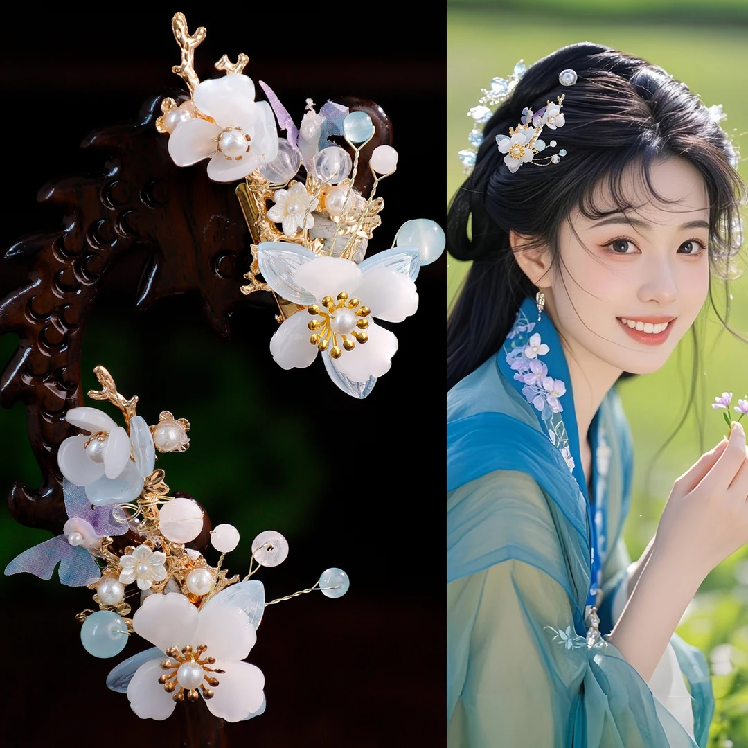 复古汉服头饰女古风发饰夹子手工琉璃花朵对夹古装发夹写真配饰品