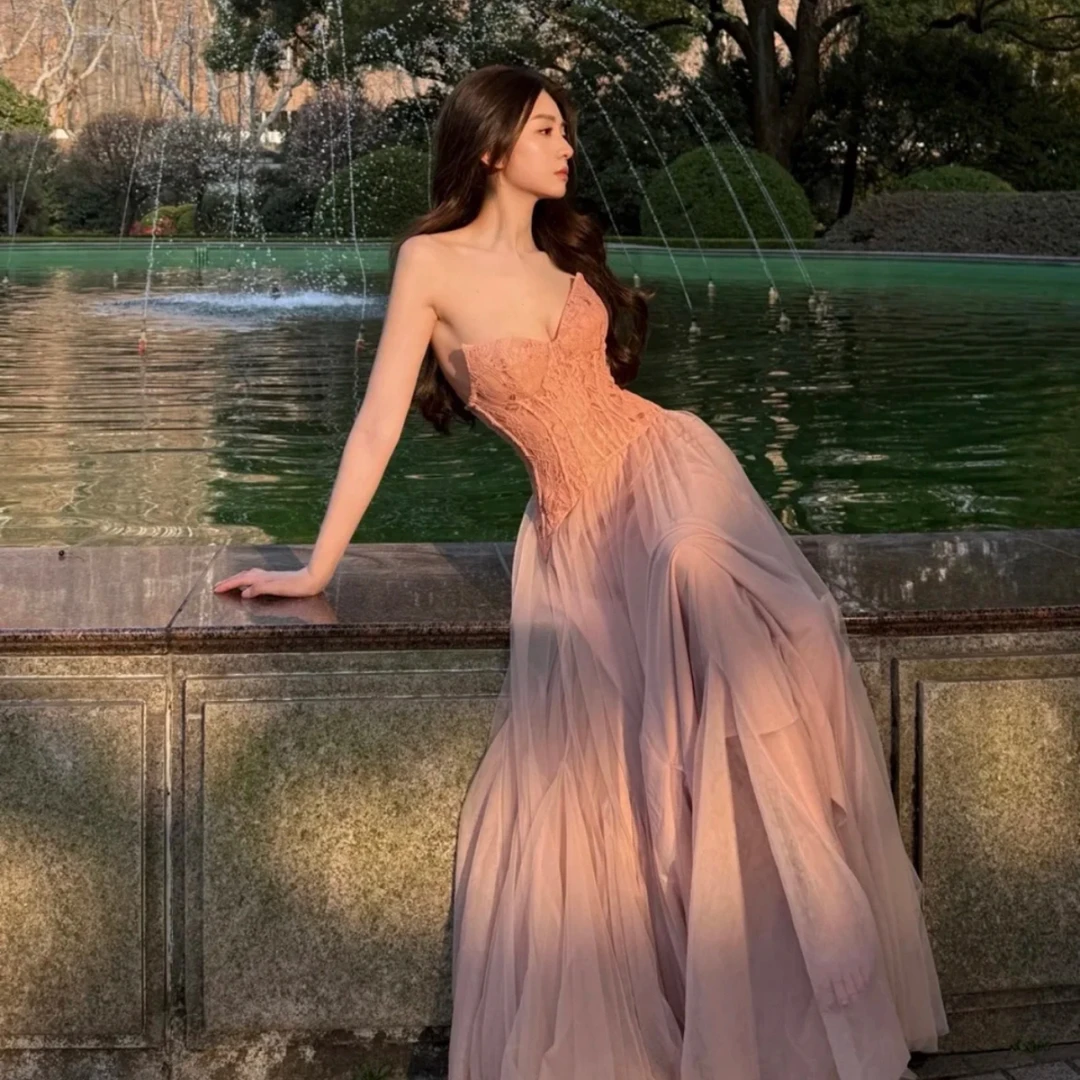 【心动的信号8徐如蓝同款】SheerLuck Wavy蕾丝鱼骨抹胸网纱连衣裙