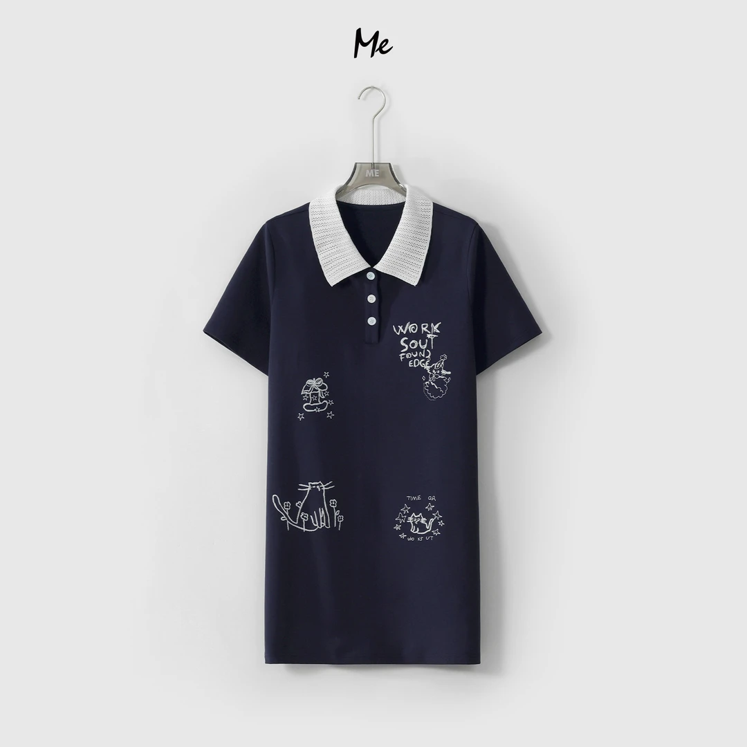 ME【喵咪polo连衣裙】童趣刺绣显瘦百搭时尚一手长休闲裙子MESS4551