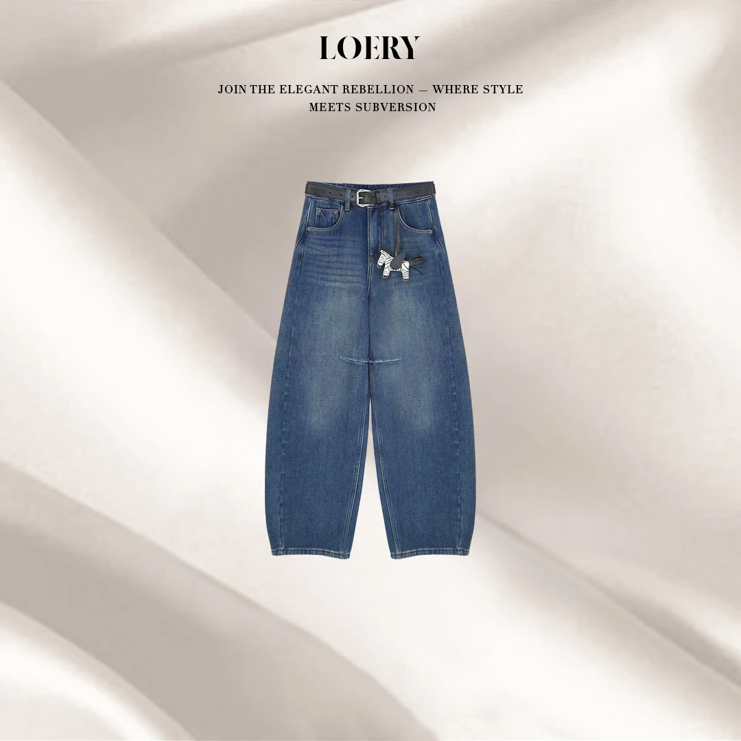 LOERY【贝贝裤编号223】复古设计感软实力风加绒弯刀牛仔裤-13010