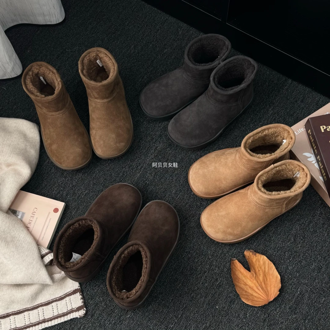 【阿贝贝】牛皮加绒短筒厚底雪地靴女2025冬季保暖防滑加厚百搭棉靴