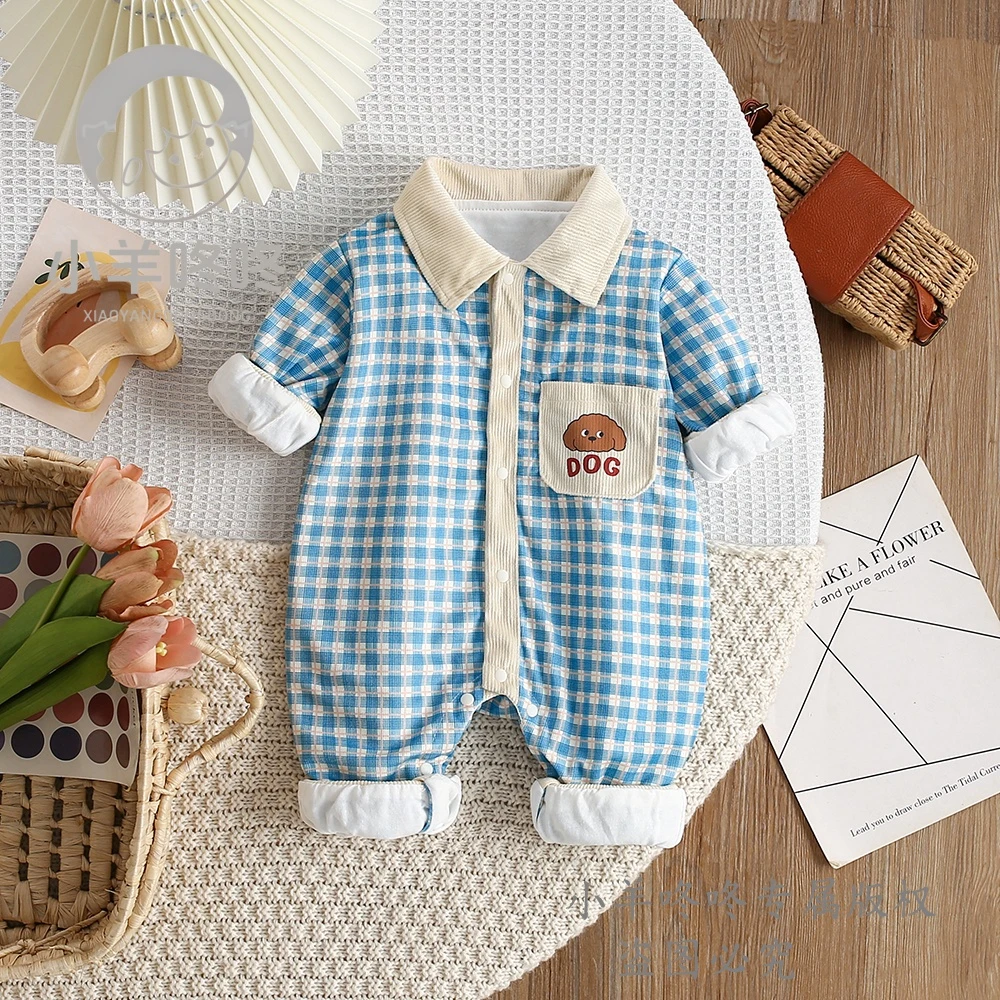 春秋新款格子里的好朋友婴幼儿双层长袖可爱狗狗连体衣哈衣爬服
