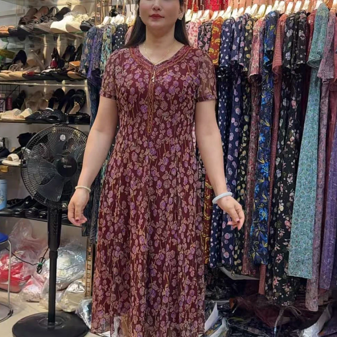 夏季中老年妈妈碎花短袖高腰显瘦中长款连衣裙