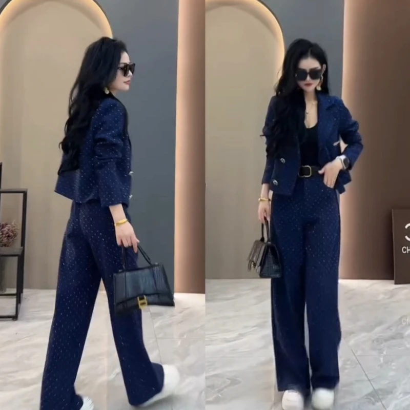 洋气小个子秋季显瘦短款外套搭配阔腿裤时尚套装