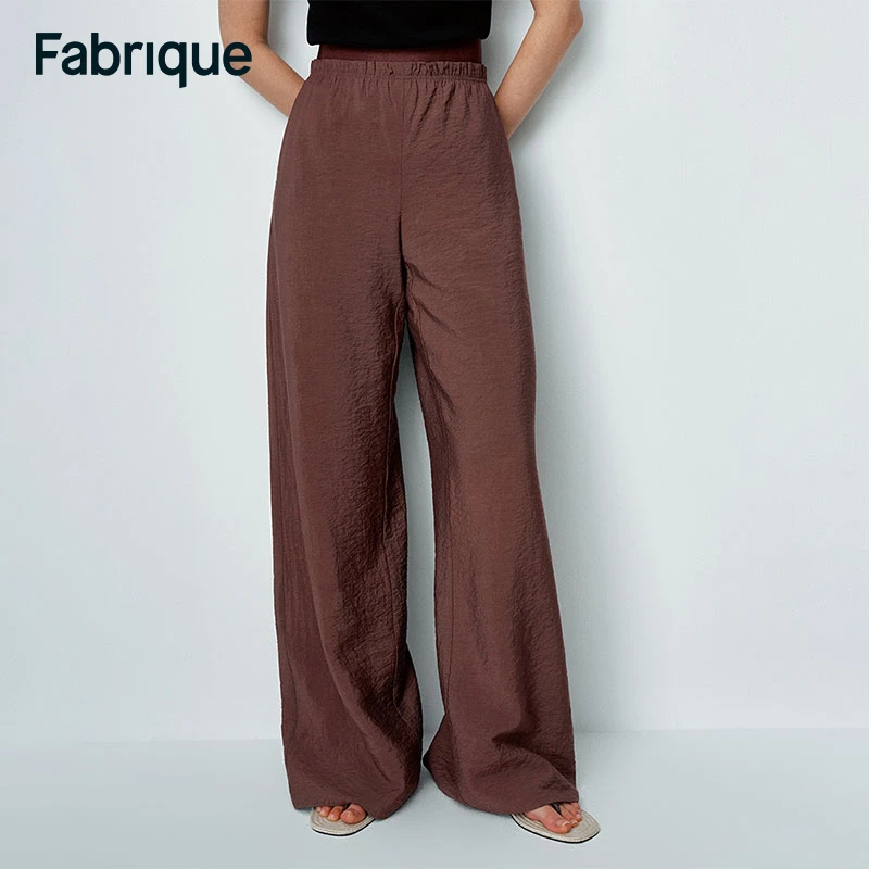 Fabrique Harper 春夏新款茶棕色桑蚕丝褶饰松紧腰阔腿百搭休闲裤