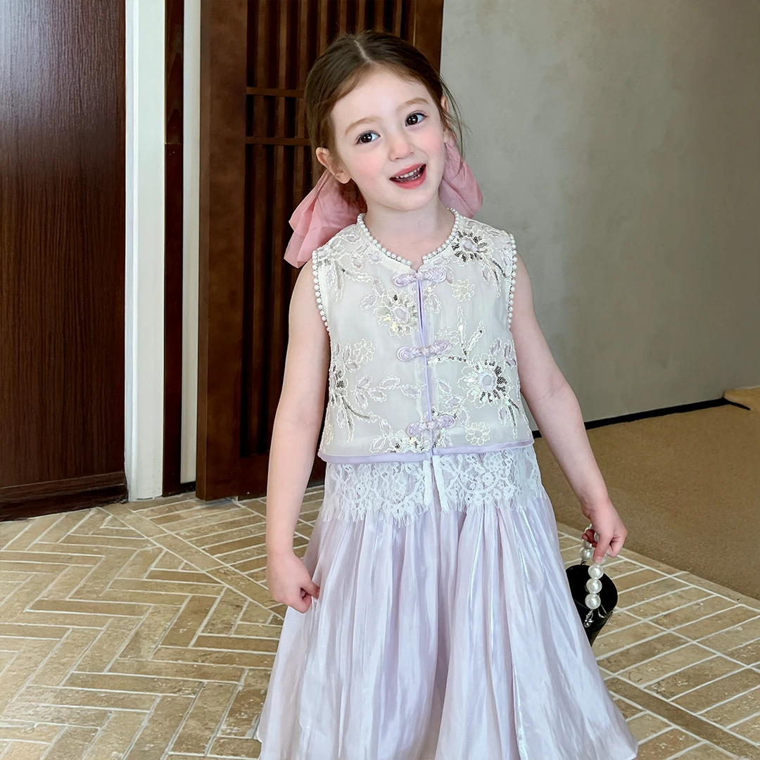 栀了成长记童装女童新中式套装夏季儿童时髦盘扣钉珠马甲两件套