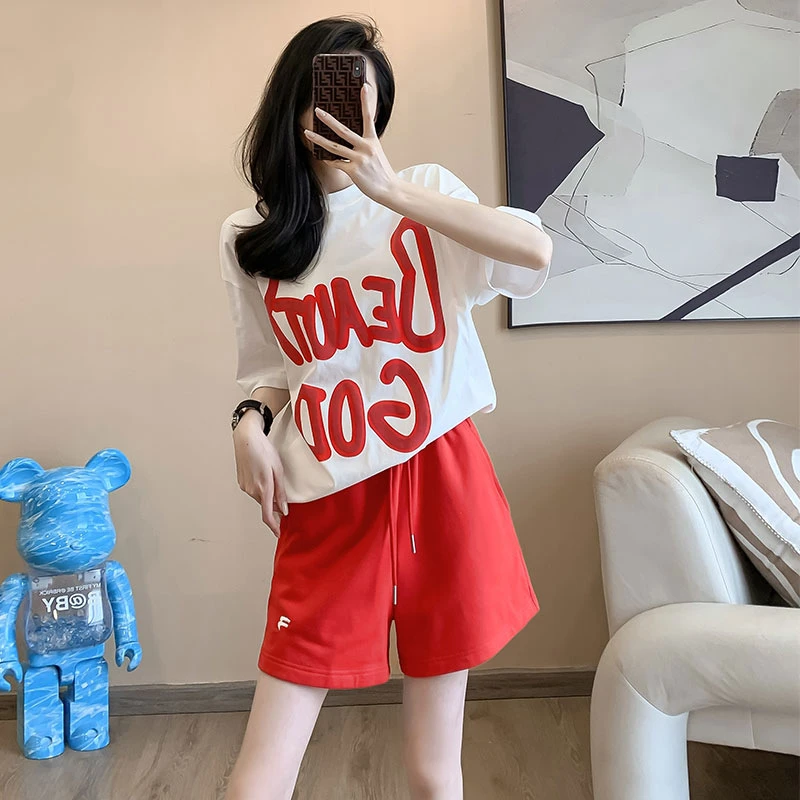 新款字母印花短袖运动套装女2025休闲时尚宽松短裤两件套洋气跑步