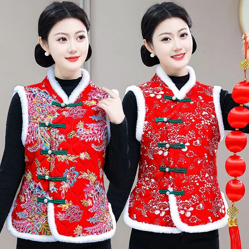 洋气东北大花马甲外套女士加绒加厚短款广场舞队服棉坎肩时尚棉衣