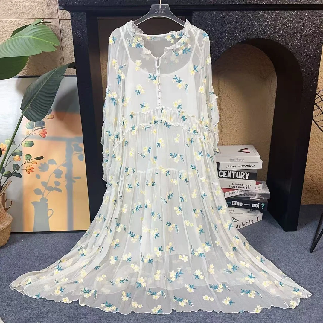 白色时尚真丝连衣裙桑蚕丝乔其纱宽松桑蚕气质丝长裙沙滩裙修身