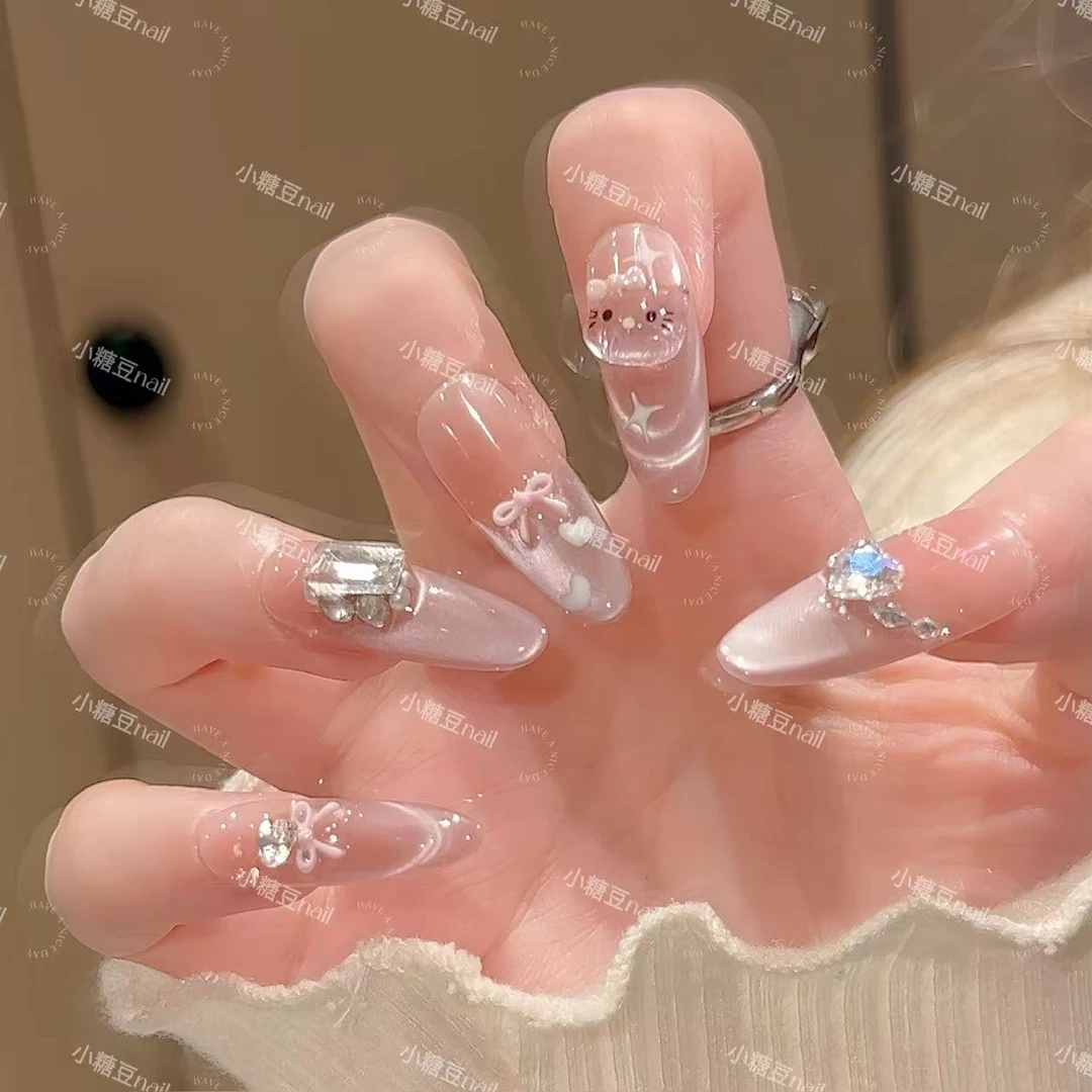 【水晶KT】手工穿戴甲高级纯欲珍珠蝴蝶猫眼显白爆闪贴片美甲