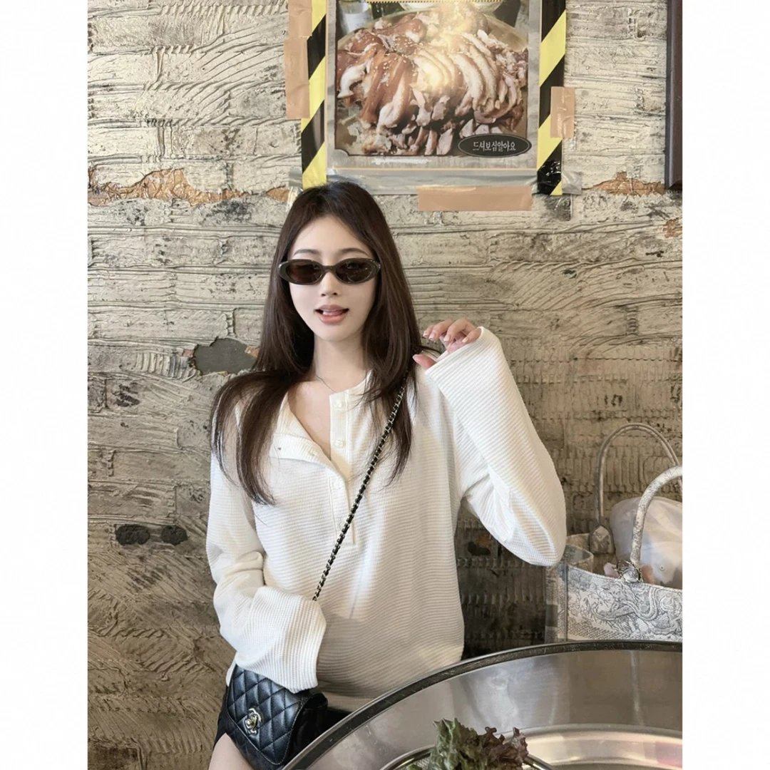 【亨利衫】舒适风华夫格宽松慵懒长袖T恤上衣女纯色卫衣显瘦秋季