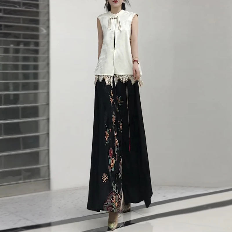 夏季新款复古新中式马甲刺绣盘扣坎肩马夹外搭半身裙长裙两件套装